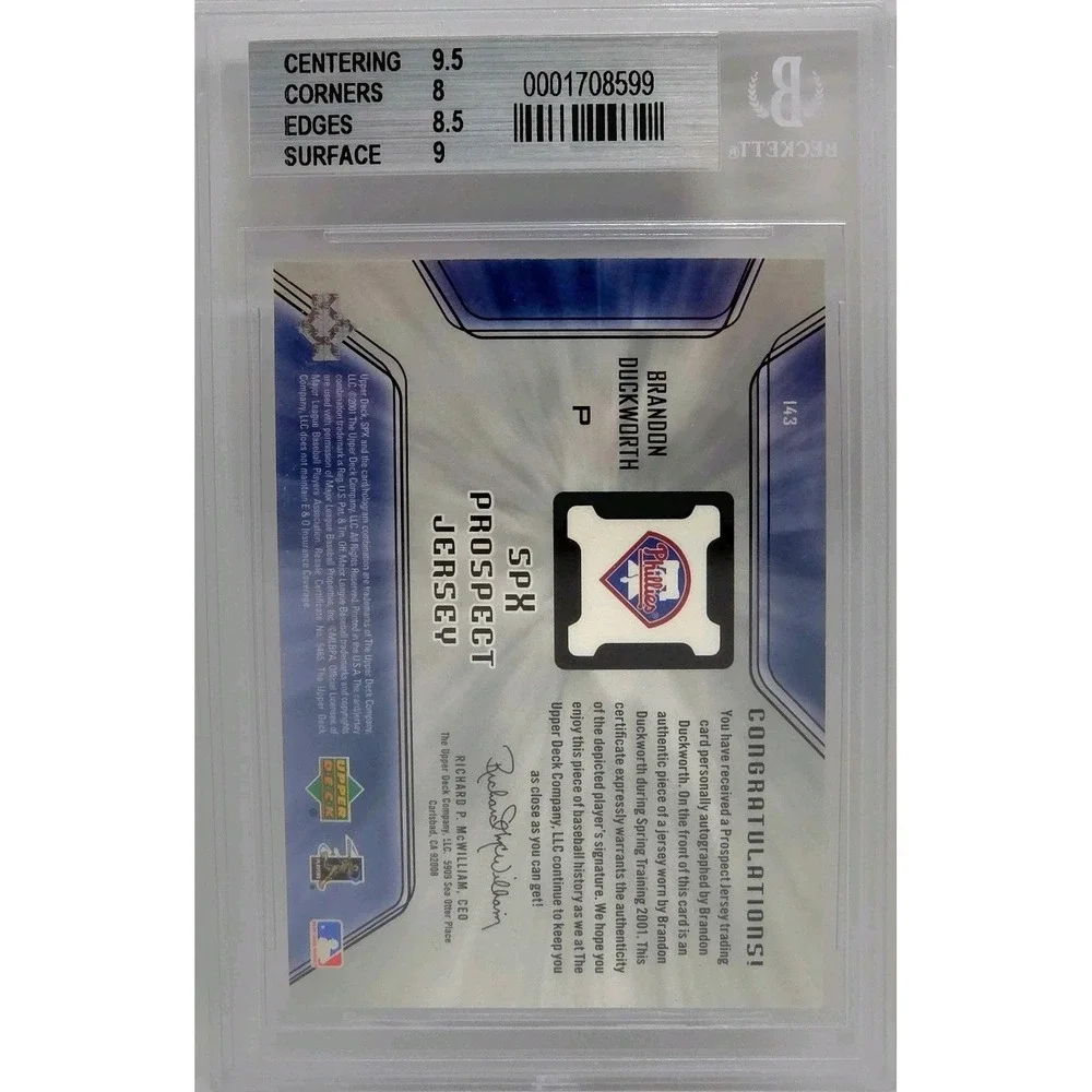 2001 SPx  Prospect Jersey Autograph Brandon Duckworth #143 (AU, MEM, RC) BGS 8.5